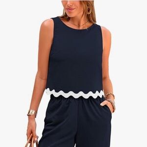 NEW! Navy Blue Sleeveless Top with Wide White Rickrack Trim Size Large